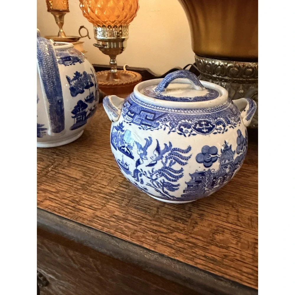 Vintage Old Hall Blue Willow Teapot & Sugar Bowl Set Staffordshire England